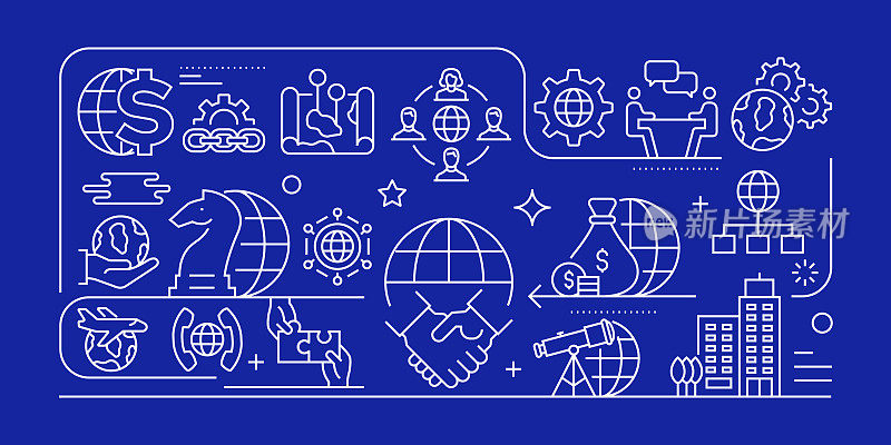 全球商业相关向量横幅设计概念，现代线条风格与图标