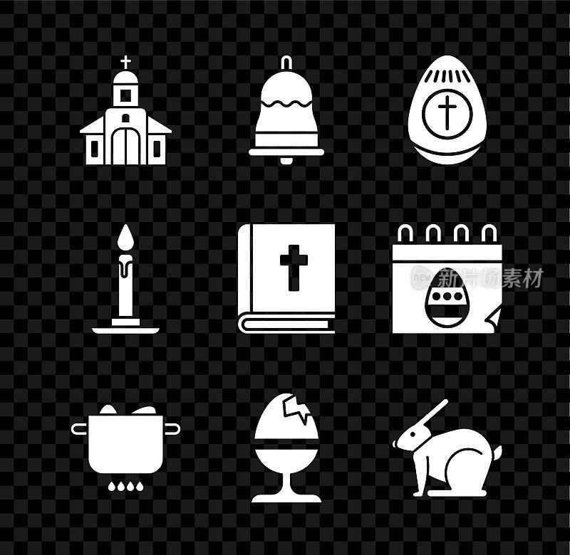 集教堂建筑、钟声、复活节彩蛋、鸡蛋火锅、摆鸡、兔子、燃烧的蜡烛烛台和圣经图标于一体。向量