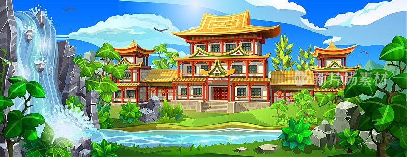 亚洲古老的宫殿，塔坐落在风景如画的河边，靠近瀑布。