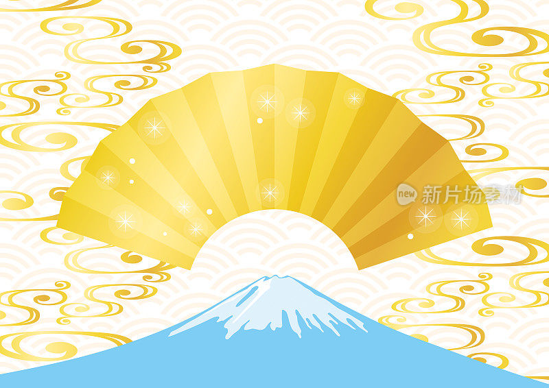 一张金色的扇子和富士山的插图
