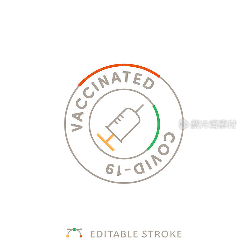 Covid-19疫苗邮票多色线图标与可编辑的中风
