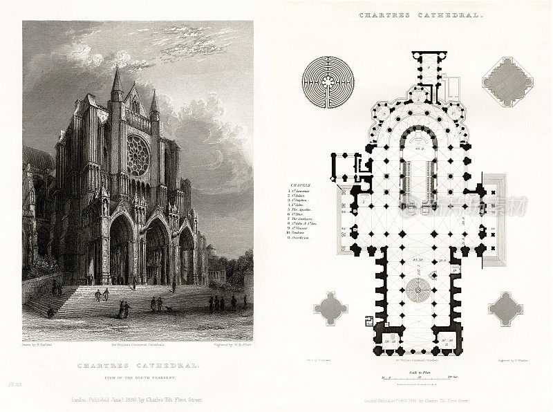 法国大教堂，沙特尔大教堂，鲁昂，法国，古董法国版画，1837年