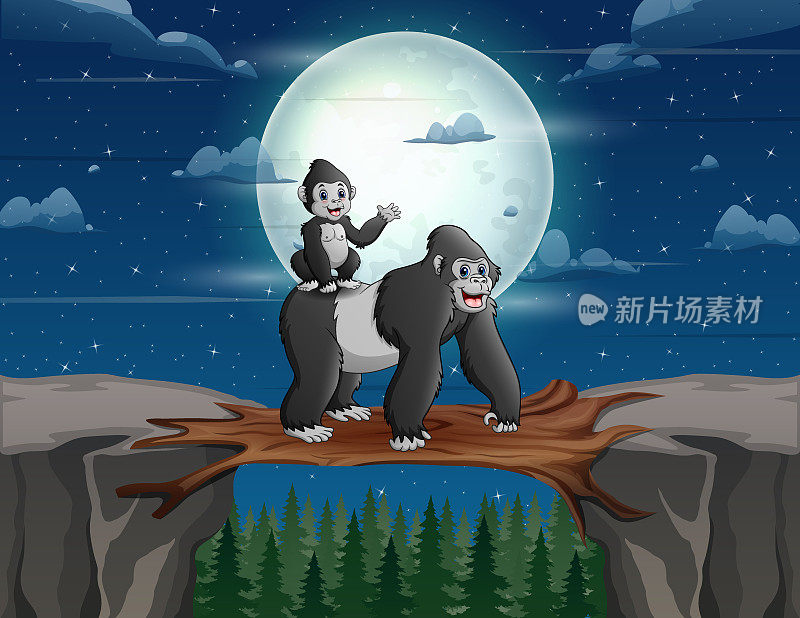 卡通大猩猩带着小熊穿过一座木桥上的悬崖
