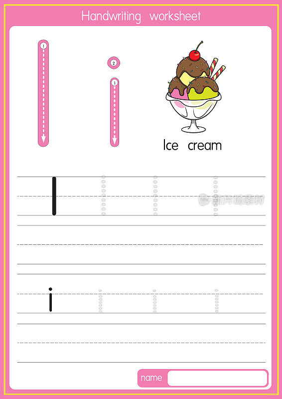 矢量说明冰淇淋与字母I大写字母或大写字母的儿童学习练习ABC