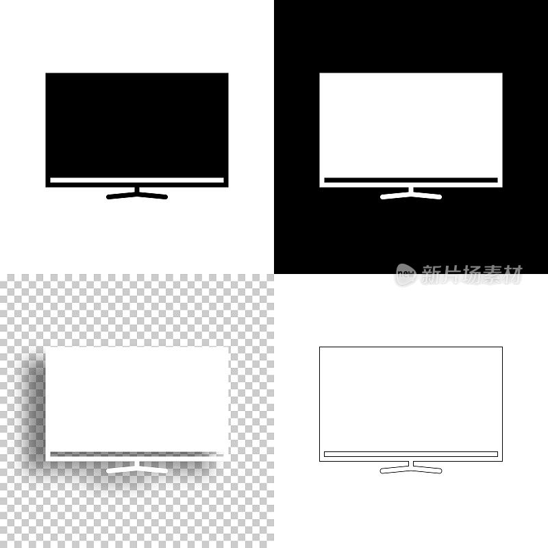 电视。图标设计。空白，白色和黑色背景-线图标