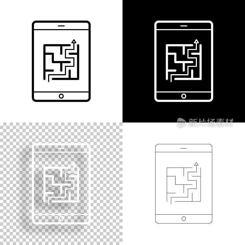 带迷宫的平板电脑。图标设计。空白，白色和黑色背景-线图标