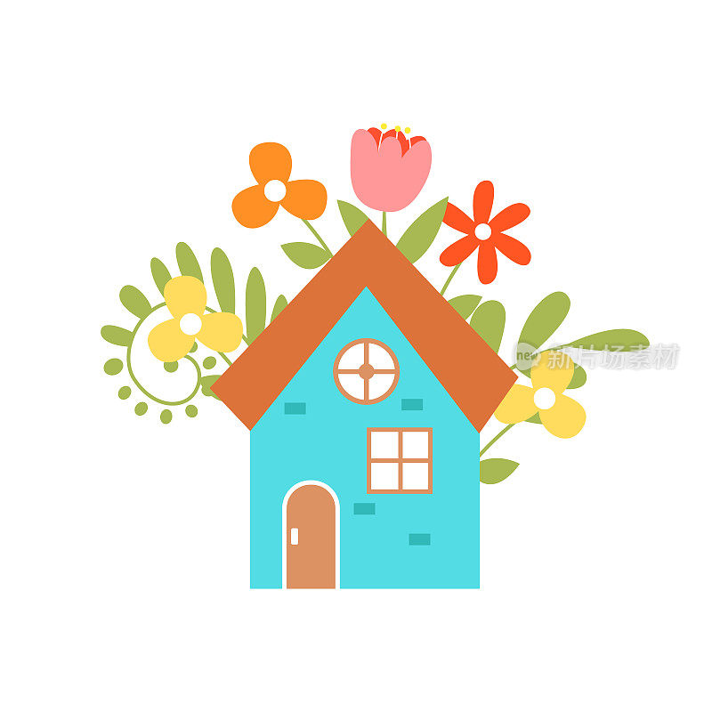 可爱的春天手绘插图孤立的背景。房子被五颜六色的花包围着。设计明信片的插图。