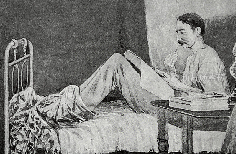 罗伯特・路易斯・史蒂文森在萨摩亚群岛的床上读书