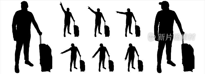 一个带着旅行箱的游客在等着。一个戴着帽子、穿着运动服的游客，用一只手和一根手指指明方向。八名黑人男性的轮廓被隔离在白色上。