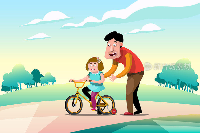 父亲在公园里照顾并教女儿第一次骑自行车。