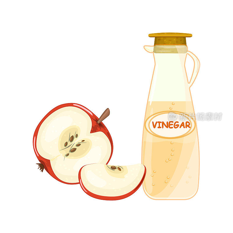 红苹果和一瓶醋分离在白底。水果苹果醋在玻璃罐里。