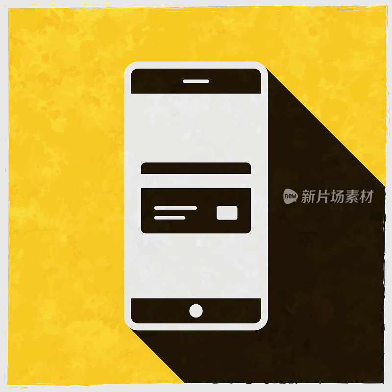 信用卡智能手机。图标与长阴影的纹理黄色背景