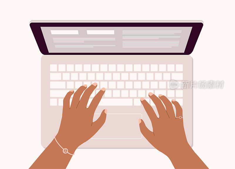 黑人女性的手在笔记本电脑键盘上打字。