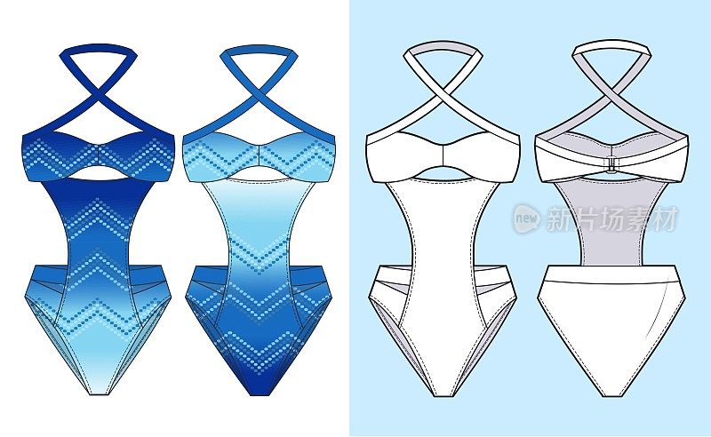 复古蓝色泳装时尚设计。女子泳装时装平面技术制图模板。泳装时装设计。