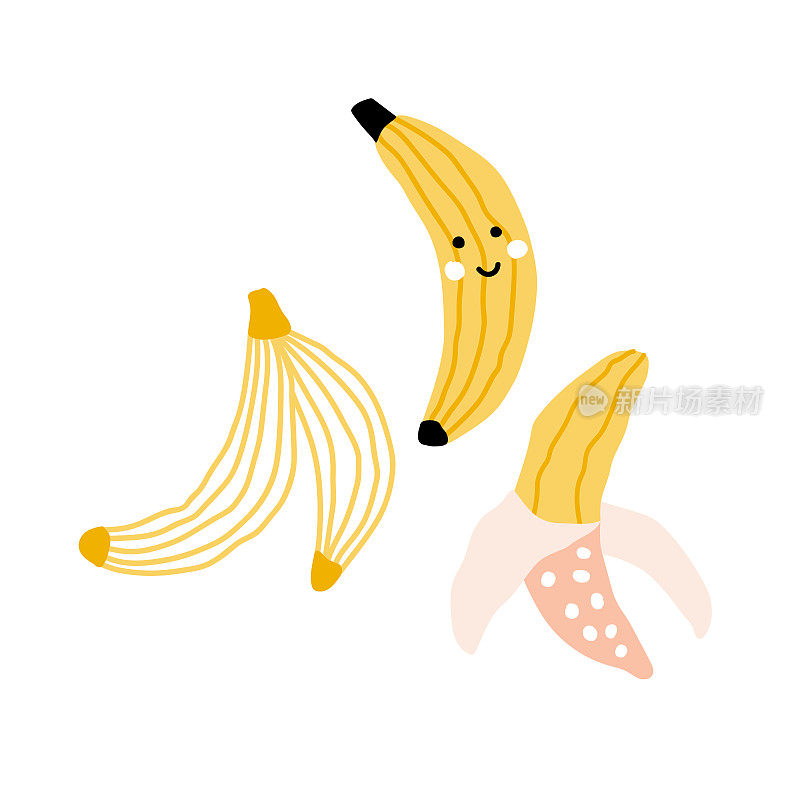 矢量插图组香蕉与可爱的脸。用柔和的颜色手绘水果。适合说明健康饮食，食谱和当地农场。