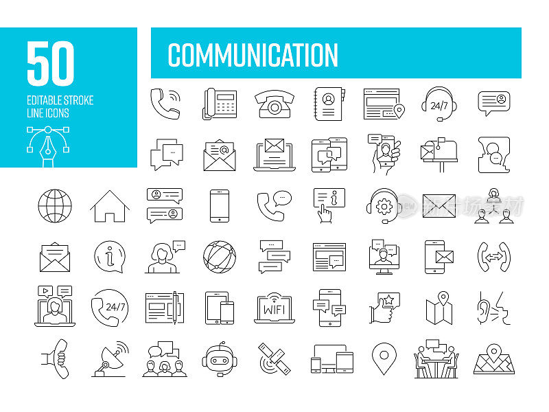 通信线路图标。可编辑的笔画矢量图标集合。
