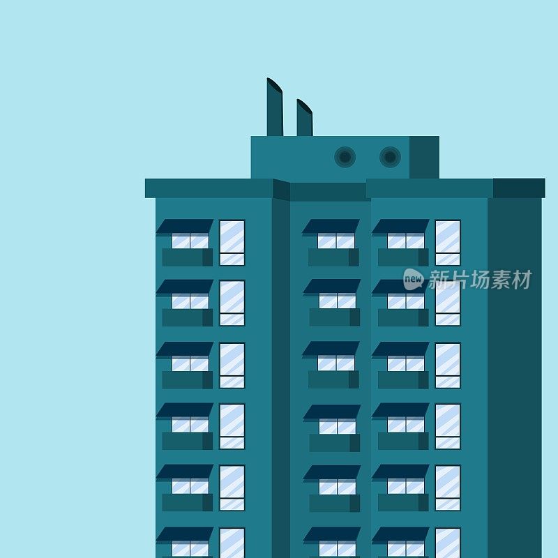 房地产租赁概念。高层现代公寓建筑的矢量插画。阳光明媚的日子，带屋顶的阳台窗的前视图。