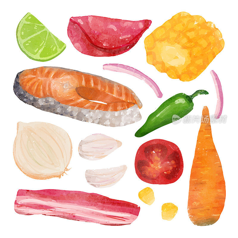 美丽的水彩画矢量插图食材烹饪的健康餐。