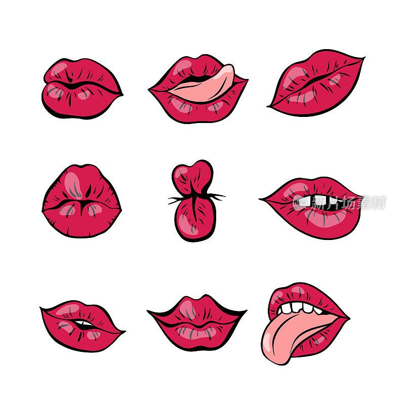 一套红色的女性嘴唇与复古波普艺术风格。嘴带着吻，微笑，舌头，牙齿。矢量插图。