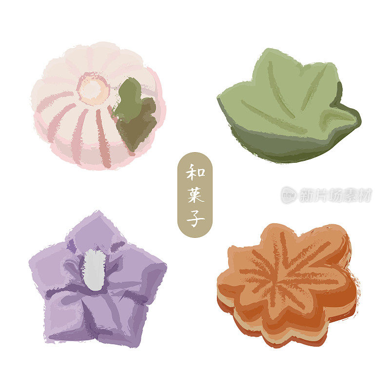 五颜六色的日本糖果，菊花，枫树，鸢尾花和树叶的形状
