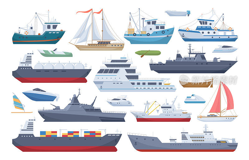 海上运输船，卡通船，游艇和摩托艇。旅游远洋游船，渔船和货运船平矢量插图收藏。水路运输组