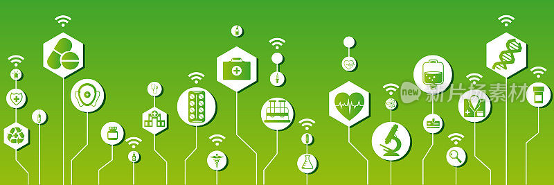 平面风格的远程医疗、保健和急救概念。医学图标设置在彩色背景六边形。为web应用程序，演示文稿，打印的创意医学插图。