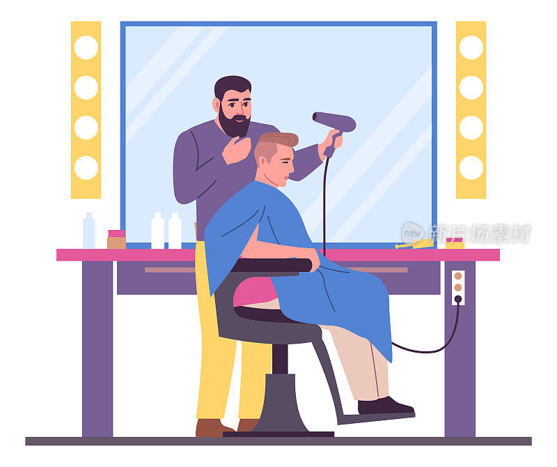 美容院的人。理发师与顾客交谈。理发师做发型。病人坐在扶手椅上。发型师在吹头发。专业的发型。矢量理发店插图