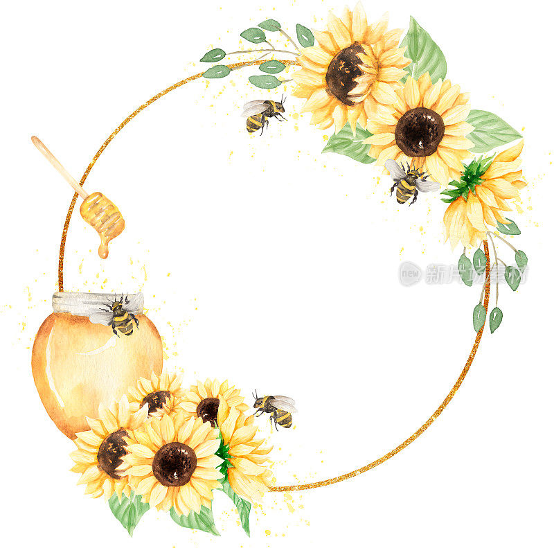 向日葵，蜜蜂和蜂蜜花环剪纸，水彩阳光花框插图，乡村草地花花束与昆虫，婚礼邀请，婴儿淋浴，标志设计，卡片制作
