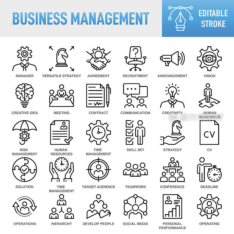 现代通用业务管理线图标集-细线矢量图标集。像素完美。可编辑的中风。移动和网络。该集合包含图标:业务,战略,管理,目标,目标,领导,团队合作,工作组,人