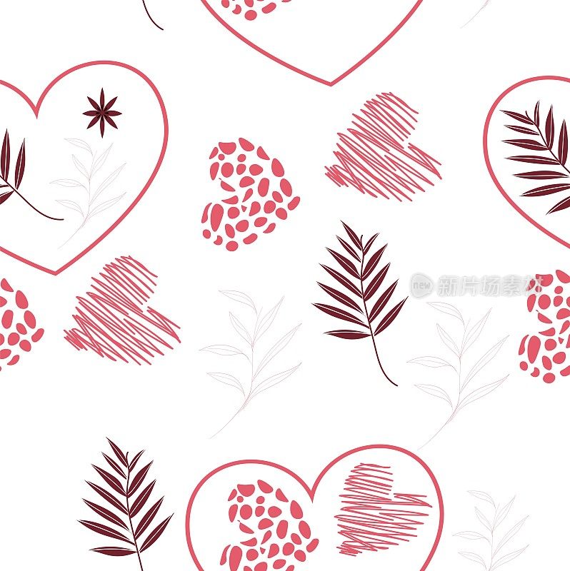 爱，心无缝格局。手绘的热带植物。花卉背景由树叶制成的时装设计，纺织品，织物和壁纸