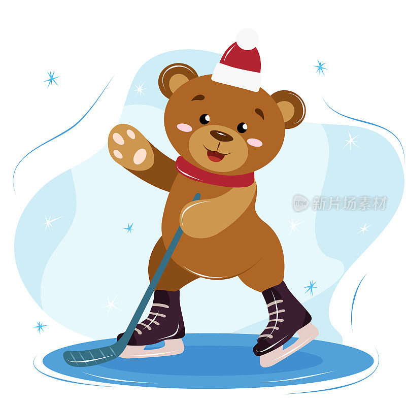 可爱的小熊小熊戴着新年帽打冰球，冬季娱乐