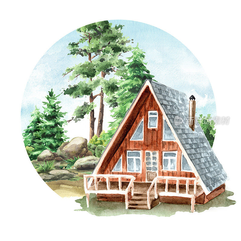 温馨的乡村农舍圆形徽章。手绘水彩插图，孤立在白色背景上
