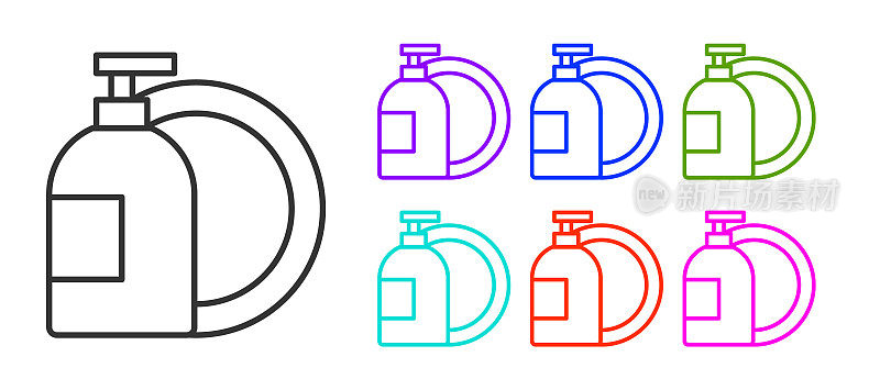 黑线洗洁精瓶和盘子图标隔离在白色背景。洗碗用的液体洗涤剂。设置图标彩色。向量