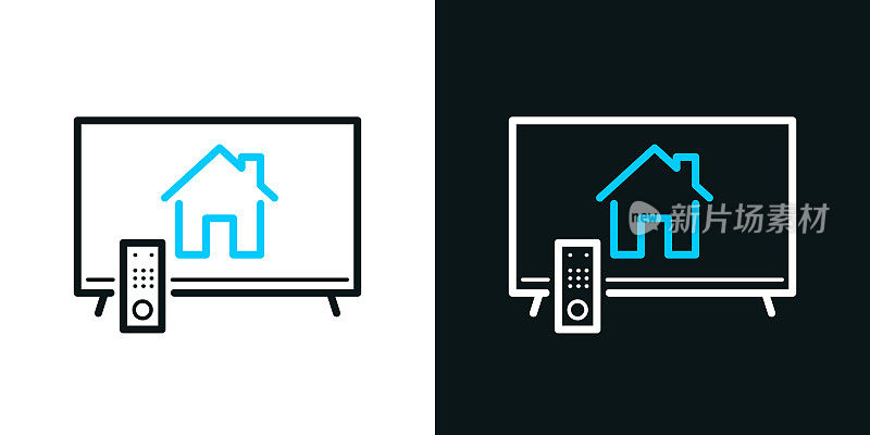 智能家居电视。黑色或白色背景上的双色线条图标-可编辑笔触