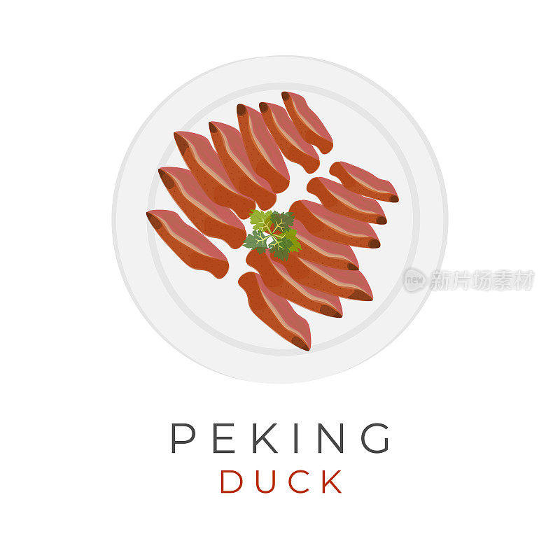 中国北京烤鸭在白色盘子上的切割矢量插图