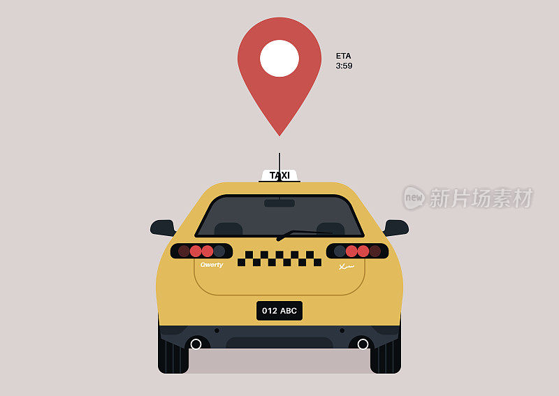 一辆挂着红色地理标志的出租车，一种运输服务