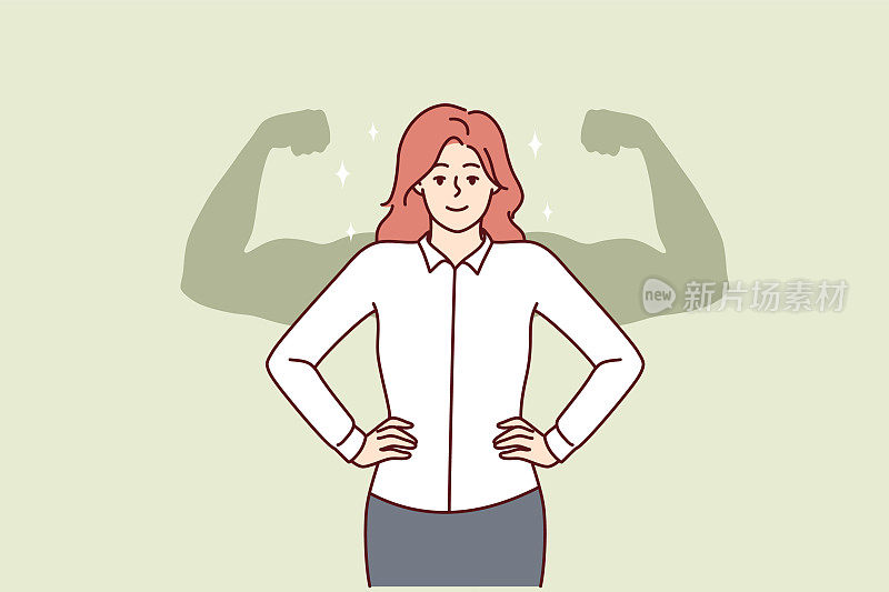 一位成功的女商人双手叉腰站着，想象着身后有巨大的肌肉发达的手臂