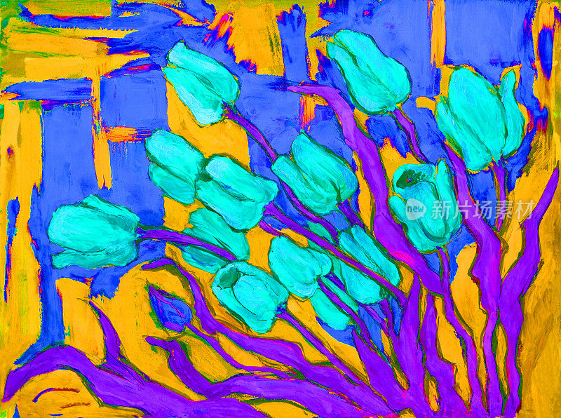 插图油画静物郁金香背景在蓝色黄色调