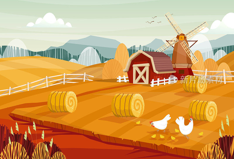 乡村养鸡场与家庭农场和围栏矢量