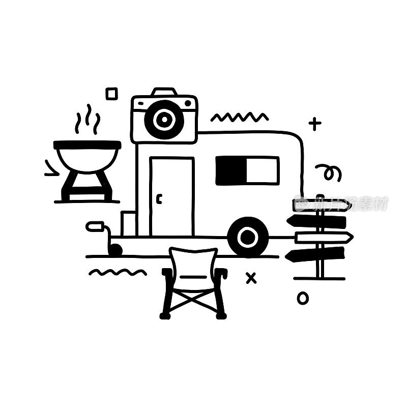 大篷车露营与线图标相关的设计。户外,露营,旅行者,公路旅行,放松。