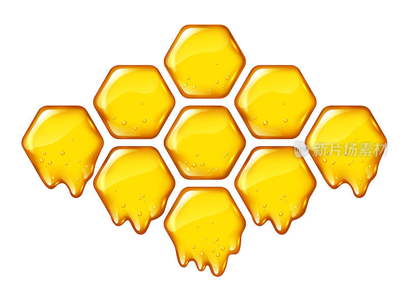黄色蜂窝与流动的蜂蜜隔离，设计为标志，矢量