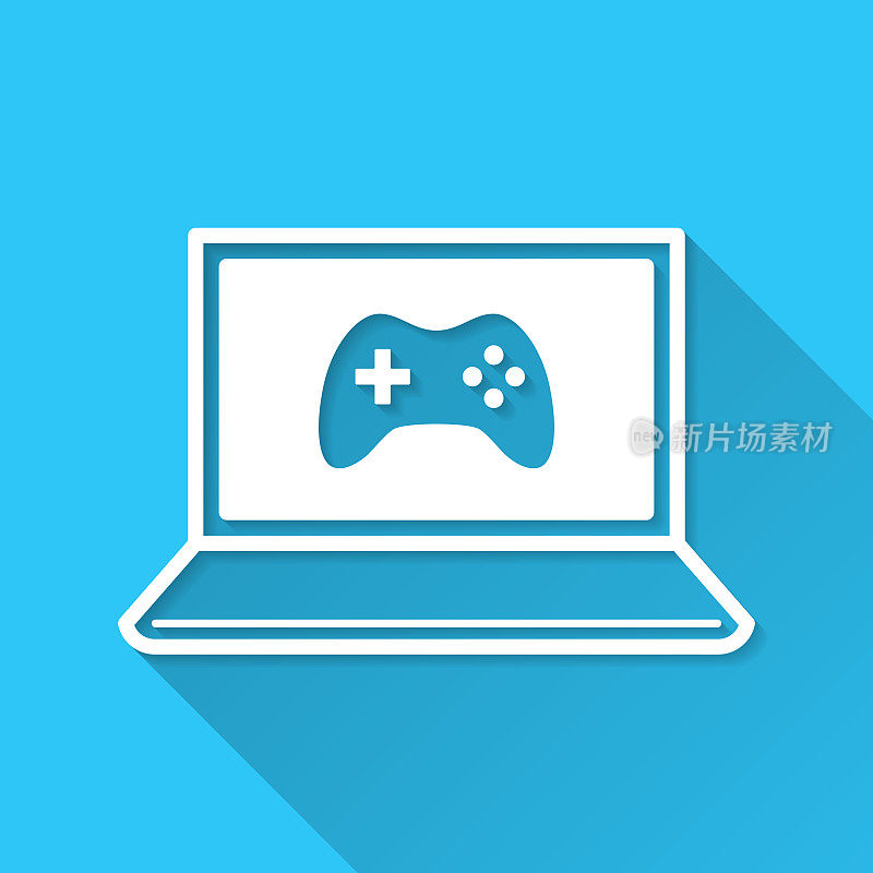笔记本电脑上的视频游戏。图标在蓝色背景-平面设计与长阴影