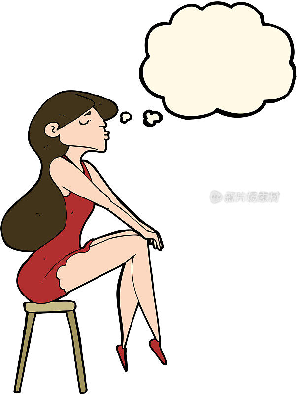 卡通女人坐在凳子上与思想泡泡