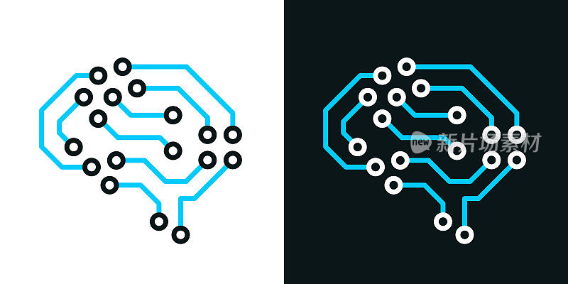 带电路板的人工智能大脑。黑色或白色背景上的双色线图标-可编辑的笔画