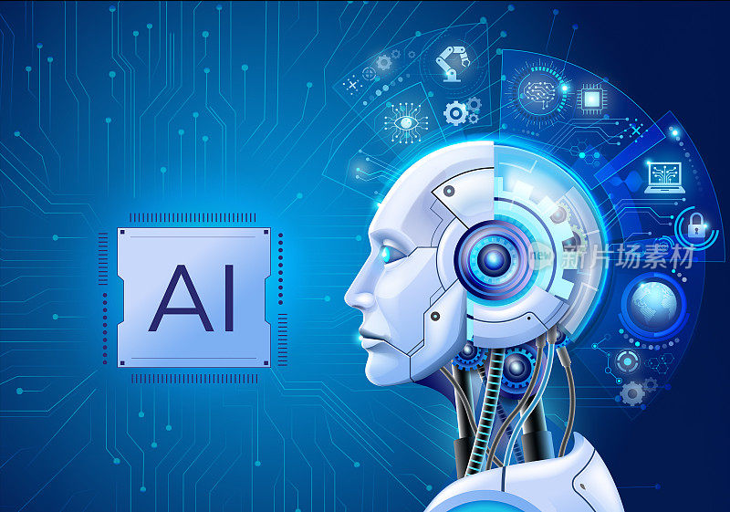 人工智能概念。机器人和数字技术，机器学习，自动化，大数据，分析，营销计划和个性化营销。