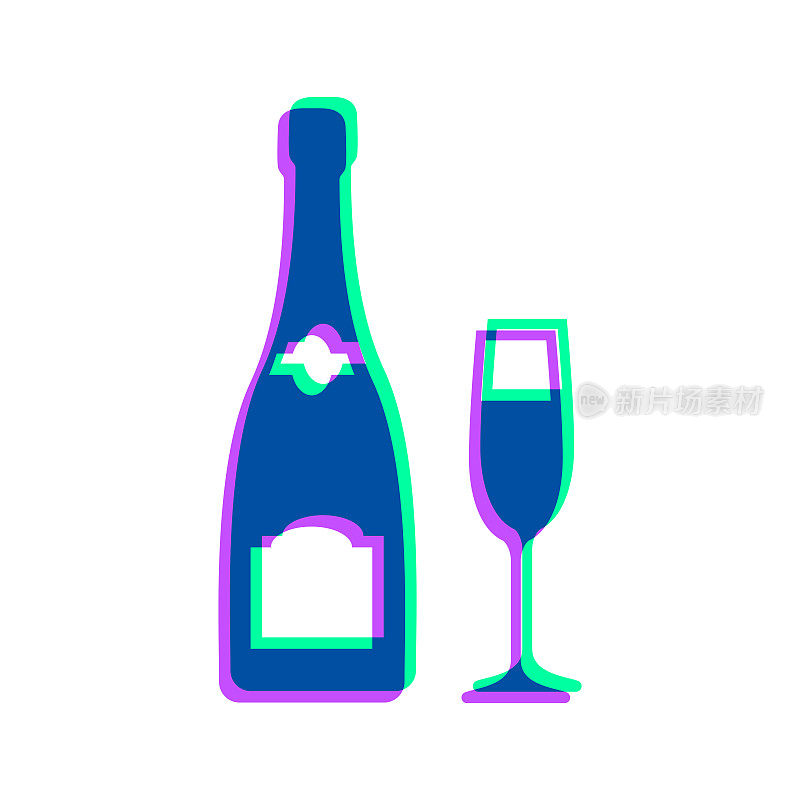 香槟酒瓶和酒杯。图标与两种颜色叠加在白色背景上