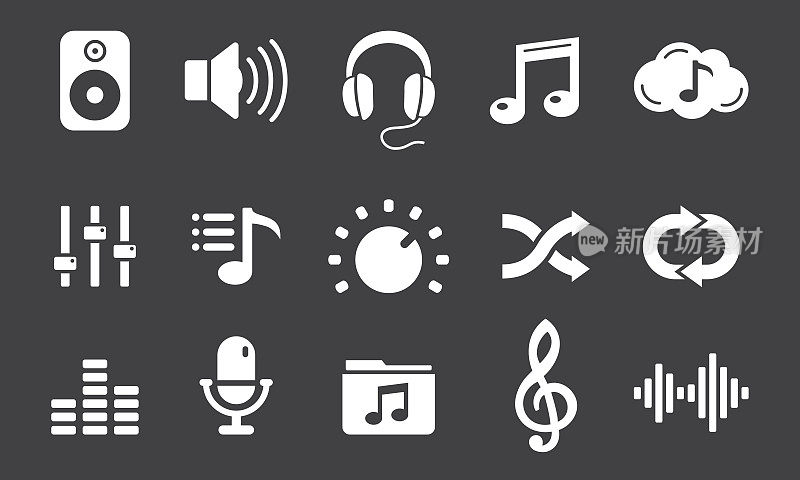 音乐相关的图标矢量。孤立的背景。图标集包含这样的图标扬声器，耳机，均衡器，高音谱号，麦克风，声音波形等