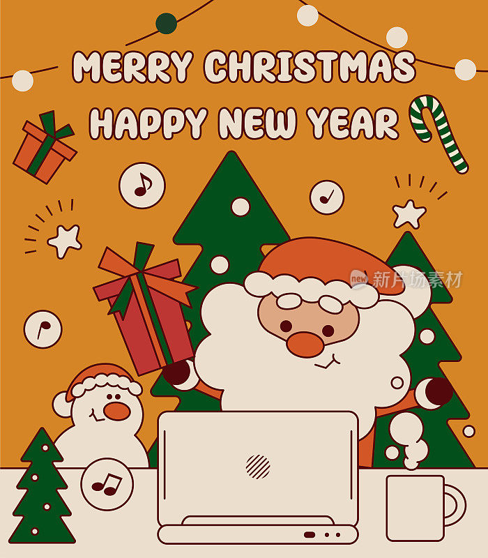 可爱的圣诞老人用笔记本电脑送圣诞卡，祝你圣诞快乐，新年快乐