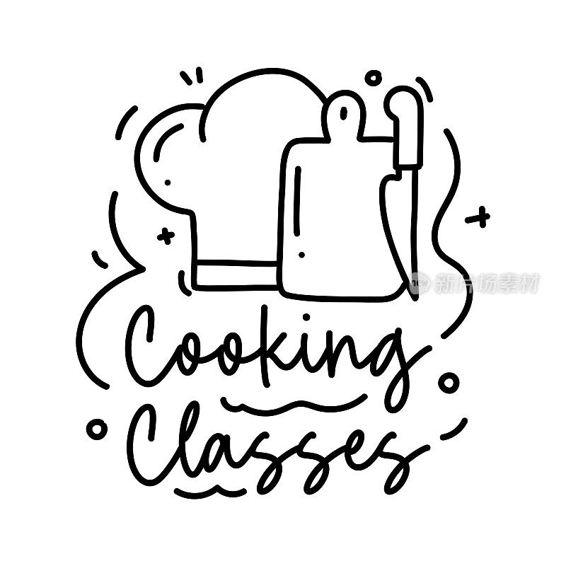 烹饪类矢量手写字母与平底锅图标。