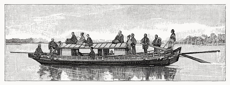 日本游船过去，木刻，1900年出版